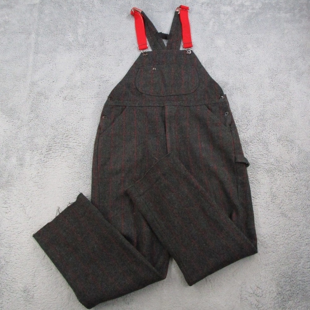 Vintage Woolrich Mens Wool Plaid Overalls Gray Red Bibs Made in USA Size M